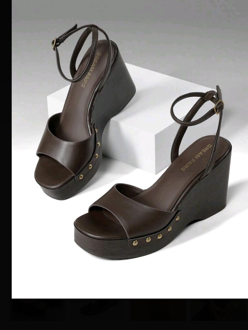 Platform Ankle-Strap Wedges in Brown with Gold Studs
